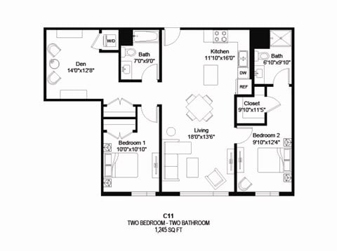 Floor plan for 2 beds, 2 baths, 1245 sqft